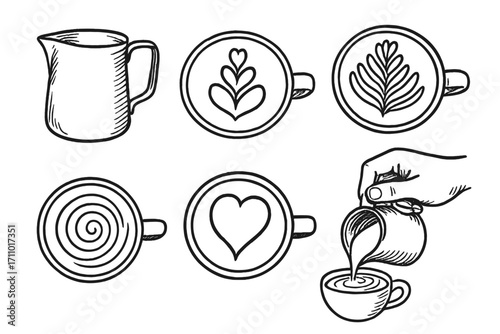 Latte Art Doodles. Latte art: hand drawn doodles of milk pitcher, tulip pattern, rosetta design, heart pour, swirl in cup, and