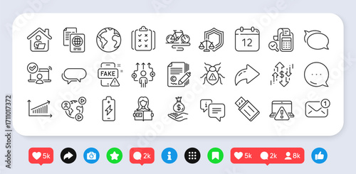 Bill accounting, Usb flash and Income money line icons pack. Social media: share, comment, like icons. Annual calendar, Copywriting, Messenger web icon. Vector