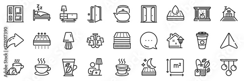 Dresser, Breathable mattress and Table lamp line icons pack. Share, Message, Paper plane icons. Teapot, Open door, Floor lamp web icon. Chandelier, Waterproof mattress, Coffee cup pictogram. Vector