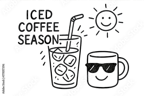 Iced Coffee Doodles. Iced coffee season: hand drawn doodles of cup with ice cubes, straw, condensation lines, sunny emoji, and