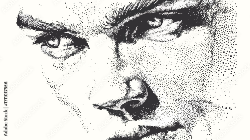 Obraz premium Detailed Stippling Dotwork Illustration of Human Face in Vintage Style