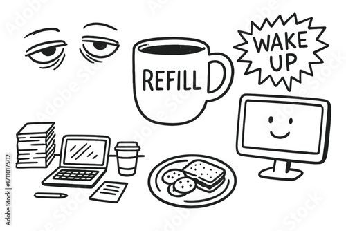 Midday Coffee Doodles. Midday coffee boost: hand drawn doodles of tired eyes, refill mug, screen time, busy desk, snack plate, and