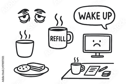 Midday Coffee Doodles. Midday coffee boost: hand drawn doodles of tired eyes, refill mug, screen time, busy desk, snack plate, and