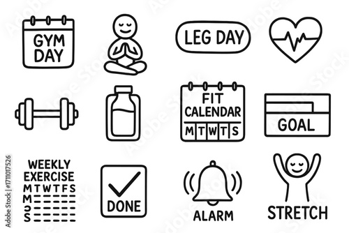 Exercise Planner Doodle Icons. Workout calendar doodle icon set: hand drawn icons of gym days, yoga emoji, leg day label, cardio