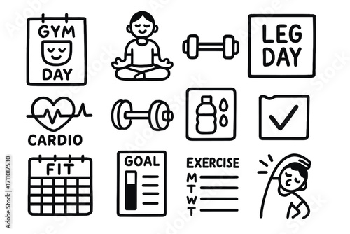 Exercise Planner Doodle Icons. Workout calendar doodle icon set: hand drawn icons of gym days, yoga emoji, leg day label, cardio