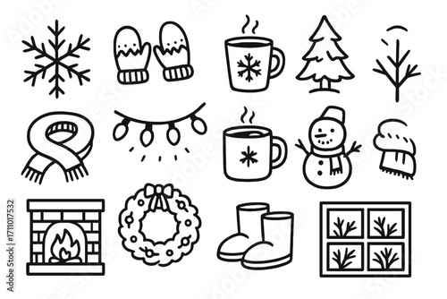 Winter Holiday Doodles. Winter holiday doodle icon set: hand drawn icons of snowflakes, mittens, warm drinks, pine tree, fuzzy