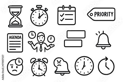 Time Management Icons. Time management doodle icon set: hand drawn icons of hourglass, stopwatch, daily schedule, priority tag,