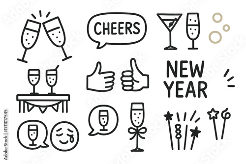 New Year's Toast Icons. New Year’s toast doodle icon set: hand drawn icons of clinking flutes, cheers bubble, fancy drinks, golden
