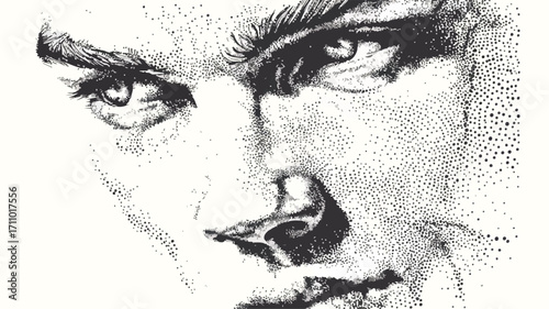Detailed Stippling Dotwork Illustration of Human Face in Vintage Style