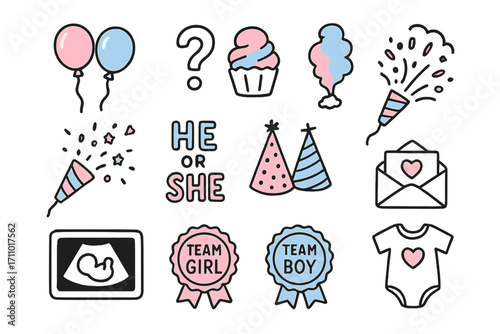 Gender Reveal Icons. Baby showerGender reveal party doodle icon set: hand drawn icons of pink and blue balloons, question mark,