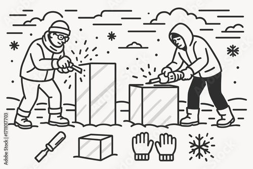 Ice Sculpture Festival. Horizontal vector banner showing artists carving ice blocks outdoors and winter art icon set for chisel,