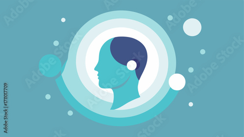 Calm Mind A serene profile of a human head surrounded by soft glowing circles representing calmness with gentle waves flowing around it.