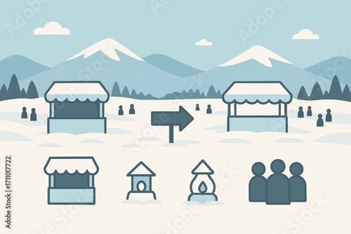 Snowy Festival Layout. Minimalist vector strip with snow-covered festival grounds and layout icon set for booths, signage arrow,