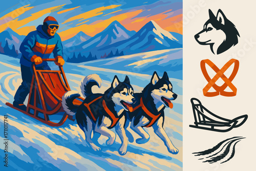 Dog Sledding Adventure. Colorful scene of dog sledding team in action and Arctic sport icon set for husky, harness, sled rails and