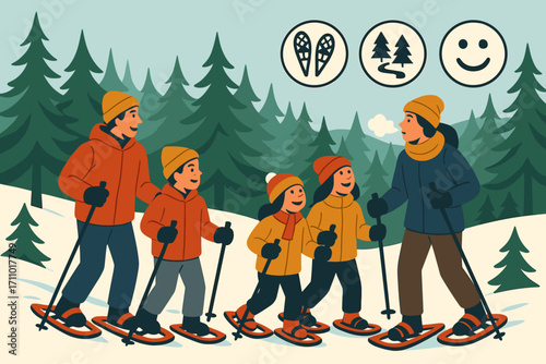 Snowshoe Forest Adventure. Vector banner featuring family snowshoeing through forest and recreational icon set for snowshoes, pine