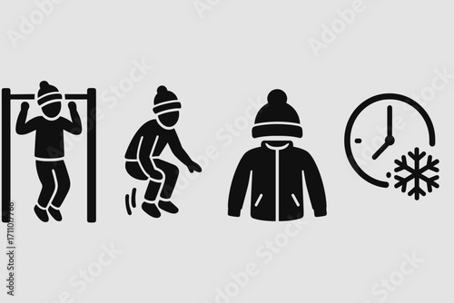 Cold-Weather Fitness Icons. Horizontal vector artwork of cold-weather calisthenics group and bodyweight fitness icon set for