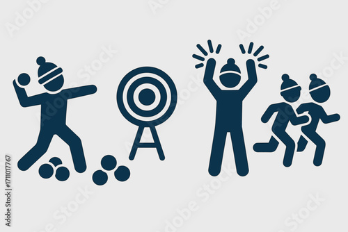 Snowball Target Practice. Scene with group doing snowball target practice and playful exercise icon set for aim board, snowballs,