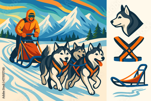 Dog Sledding Adventure. Colorful scene of dog sledding team in action and Arctic sport icon set for husky, harness, sled rails and