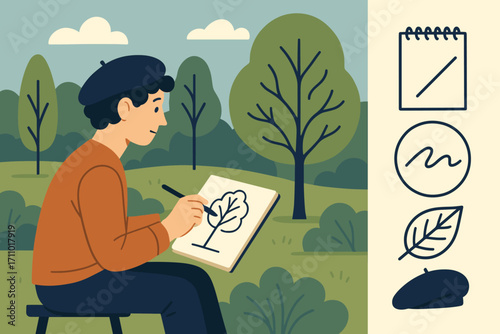 Artist's Creative Sketch Tools. Modern vector panel showing artist sketching trees in park and creativity icon set for sketchpad,