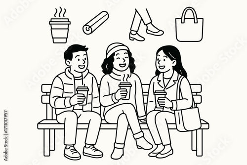 Warm Drinks with Friends. Scene with friends enjoying takeaway drinks on bench and seasonal warmth icon set for paper cups,