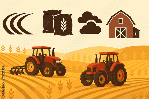 Tractors on Golden Fields. Wide vector layout with tractors on golden field and large-scale harvest icon set for plow tracks,