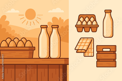 Fresh Eggs and Dairy. Wide banner showing fresh eggs and dairy bottles at stand and morning produce icon set for egg tray, milk