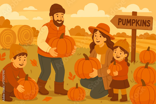 Family Pumpkin Picking. Horizontal vector banner with happy family picking pumpkins in autumn field, festive farm scenery with hay