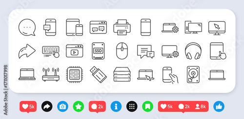 Mobile device line icons. Social media: share, comment, like icons. Smartphone, Laptop, Tablet PC icons. HDD, SSD and Flash drive. Headphones, Printer and tablet device. Vector