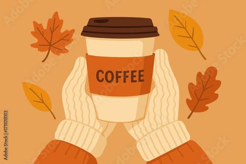 Autumn Coffee Vibes. Flat design of takeaway cup with branded sleeve, fallen leaves and cozy mittens in hand, ideal for autumn
