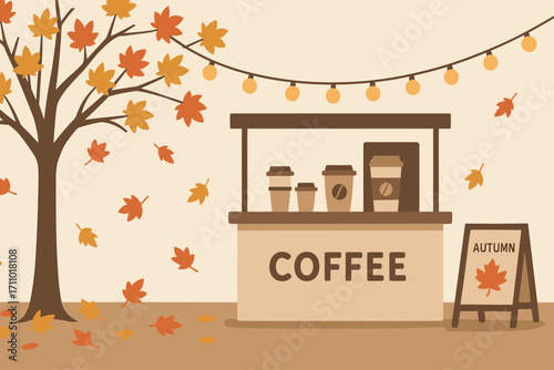 Minimalist Coffee Stand. Horizontal banner of minimalist coffee stand under maple tree, with string lights, takeaway cups and