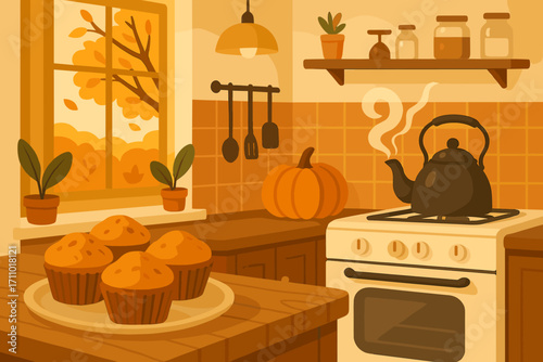 Cozy Fall Kitchen. Vector illustration of cozy kitchen interior with pumpkin muffins, steaming kettle, vintage oven and golden
