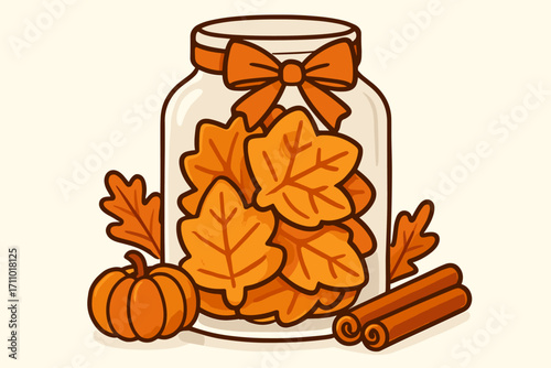 Pumpkin Leaf Cookies. Charming vector of pumpkin cookies shaped like leaves, stacked in jar with ribbon and cinnamon accents.