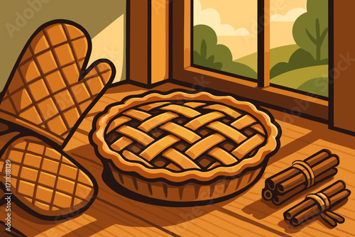 Warm Sunlit Pastry. Vector artwork of rustic pie cooling by window, sunlight on wooden table, with baking mitts and cinnamon