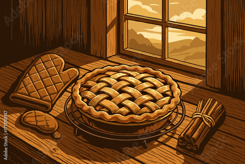 Warm Sunlit Pastry. Vector artwork of rustic pie cooling by window, sunlight on wooden table, with baking mitts and cinnamon