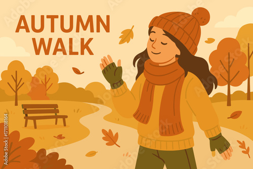 Autumn Walk Banner. Vector banner of autumn walk featuring warm outfits, knit caps, fingerless gloves and peaceful park scenery.