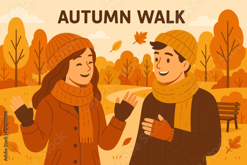 Autumn Walk Banner. Vector banner of autumn walk featuring warm outfits, knit caps, fingerless gloves and peaceful park scenery.