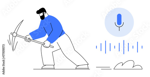 Person using pickaxe represents manual effort juxtaposed with microphone and soundwaves symbolizing voice technology and data mining. Ideal for innovation, technology, data processing, contrast