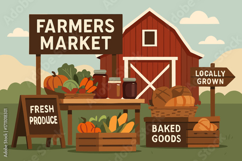 Farmers Market Setup. Modern vector composition of farmers market set up near barn with seasonal vegetables, jams, baked goods and