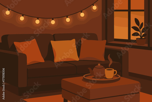 Cozy Evening Scene. Vector art of evening sofa view with fall-toned cushions, tea tray on ottoman, and soft glow of string lights.