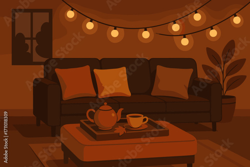 Cozy Evening Scene. Vector art of evening sofa view with fall-toned cushions, tea tray on ottoman, and soft glow of string lights.