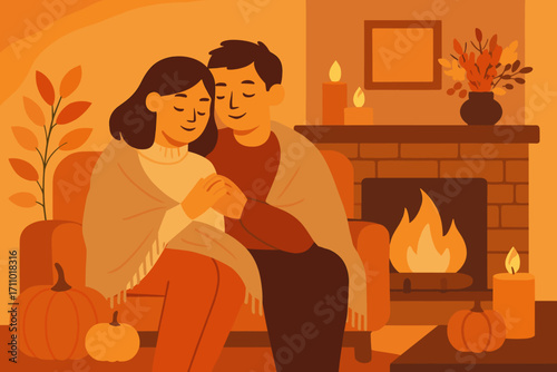 Cozy Autumn Evening. Flat vector of couple sitting on couch wrapped in throw, surrounded by fall decor, fireplace and golden light