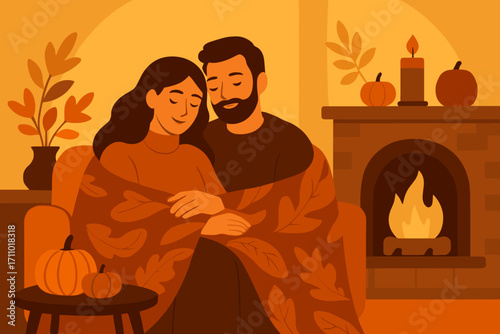 Cozy Autumn Evening. Flat vector of couple sitting on couch wrapped in throw, surrounded by fall decor, fireplace and golden light