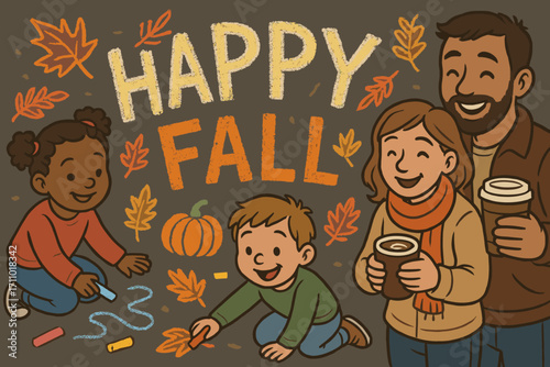 Happy Fall Sidewalk Art. Flat banner of kids drawing “Happy Fall” with sidewalk chalk, surrounded by hot drinks and smiling