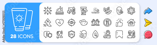 Face accepted, Sunscreen and Eye target line icons. Interest rate, AI generate, Inflation icons. Pack of Potato, Sick man, Coronavirus icon. Mint leaves, Thermometer, Pet shelter pictogram. Vector