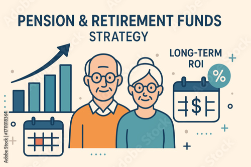 Retirement Investment Strategy. Commercial banner of pension and retirement funds strategy with bar graphs, calendar icons and