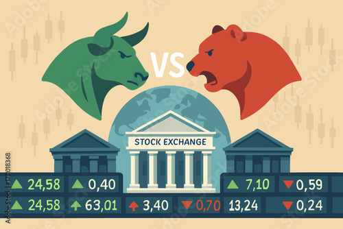 Market Icons Clash. Flat design banner of bullish and bearish market icons clashing above global stock exchange buildings and
