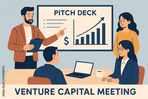 Startup Pitch Meeting. Horizontal vector banner showing venture capital meeting with startup founders presenting pitch deck and