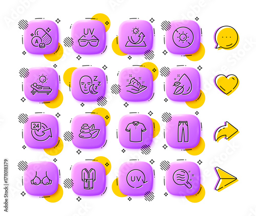 Sleep, Uv protection and T-shirt line icons. App 3d buttons. Social media comment, share, like icons. Pack of Pants, Sun protection, Water drop icon. Sunglasses, No sun, Bathrobe pictogram. Vector
