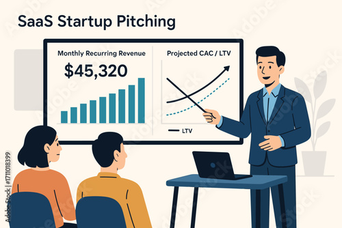 SaaS Startup Financial Dashboard. Vector layout of SaaS startup pitching with monthly recurring revenue dashboard and projected