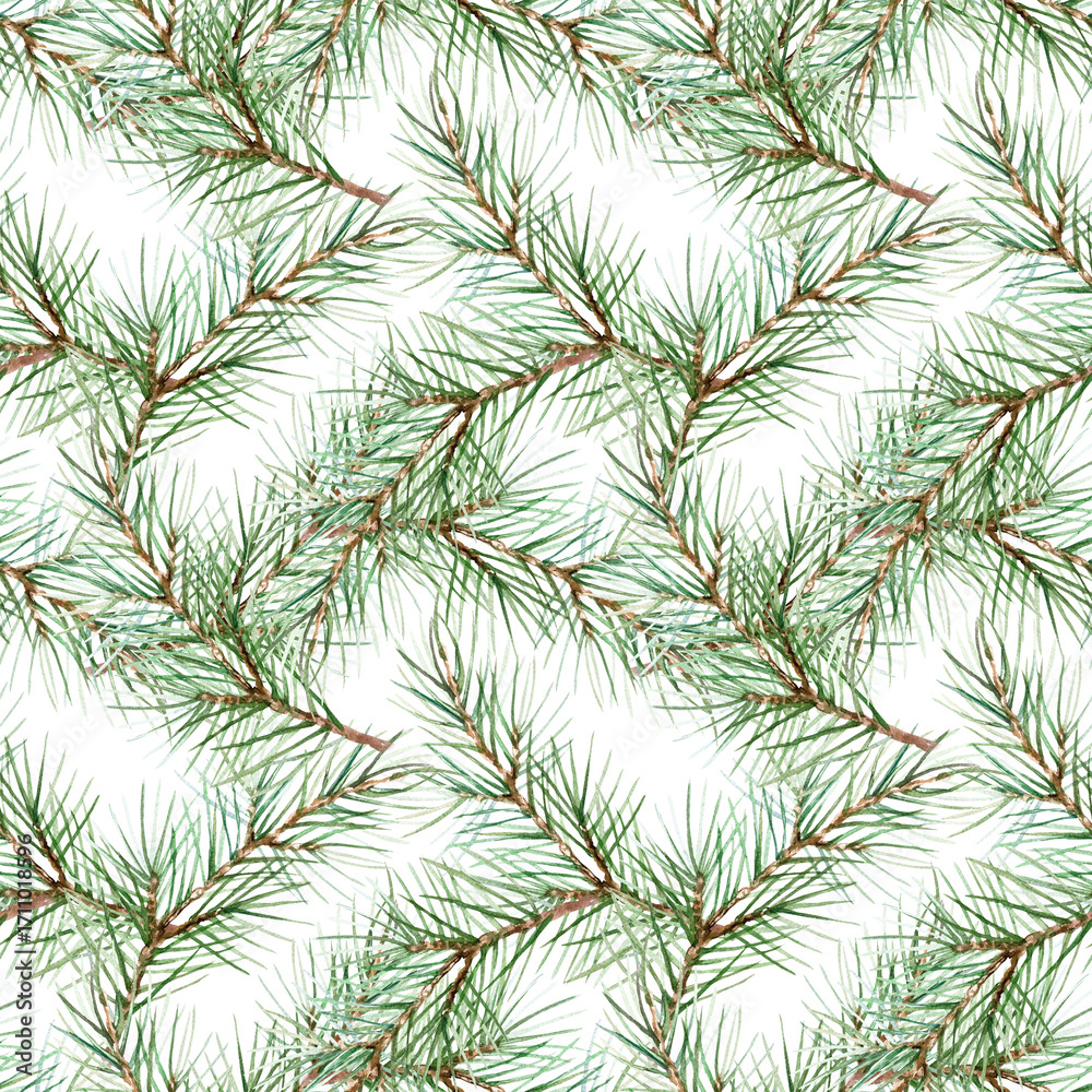 Obraz premium Christmas seamless pattern with green fir branches. Hand drawn watercolor illustration. Rustic pastel New Year clip art for wrapping paper, textiles and wallpaper.